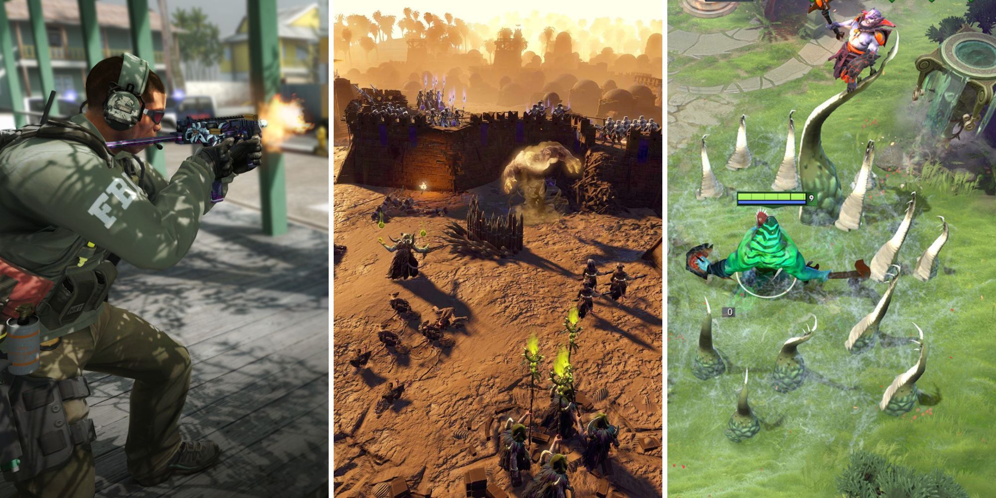 A grid showing the images for three PvP strategy games called Counter-Strike: Global Offensive, Age of Wonders 4, and Dota 2