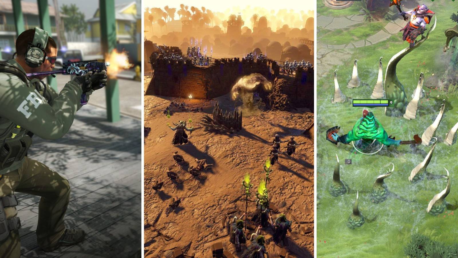 A grid showing the images for three PvP strategy games called Counter-Strike: Global Offensive, Age of Wonders 4, and Dota 2
