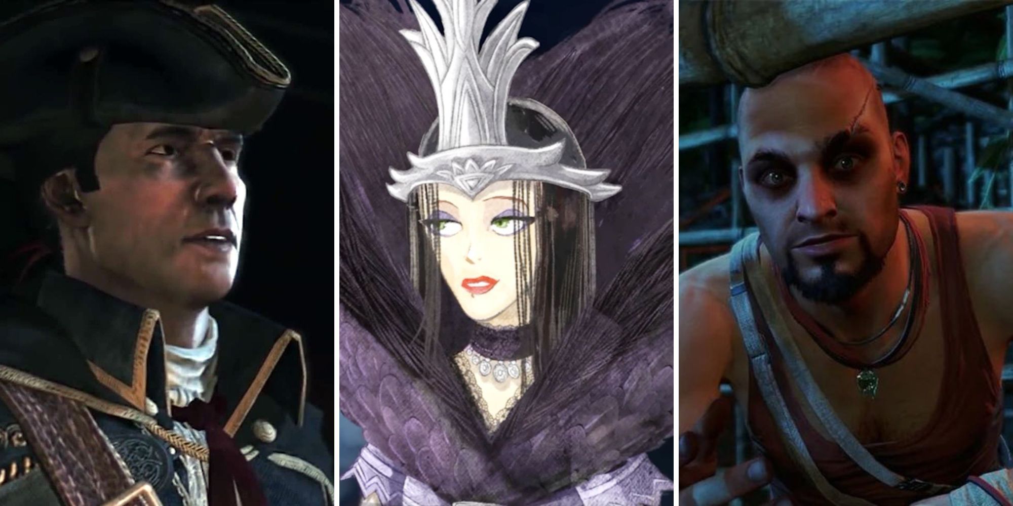A grid of images showing close ups of the villains from the Ubisoft games Assassin's Creed 3, Child of Light, and Far Cry 3