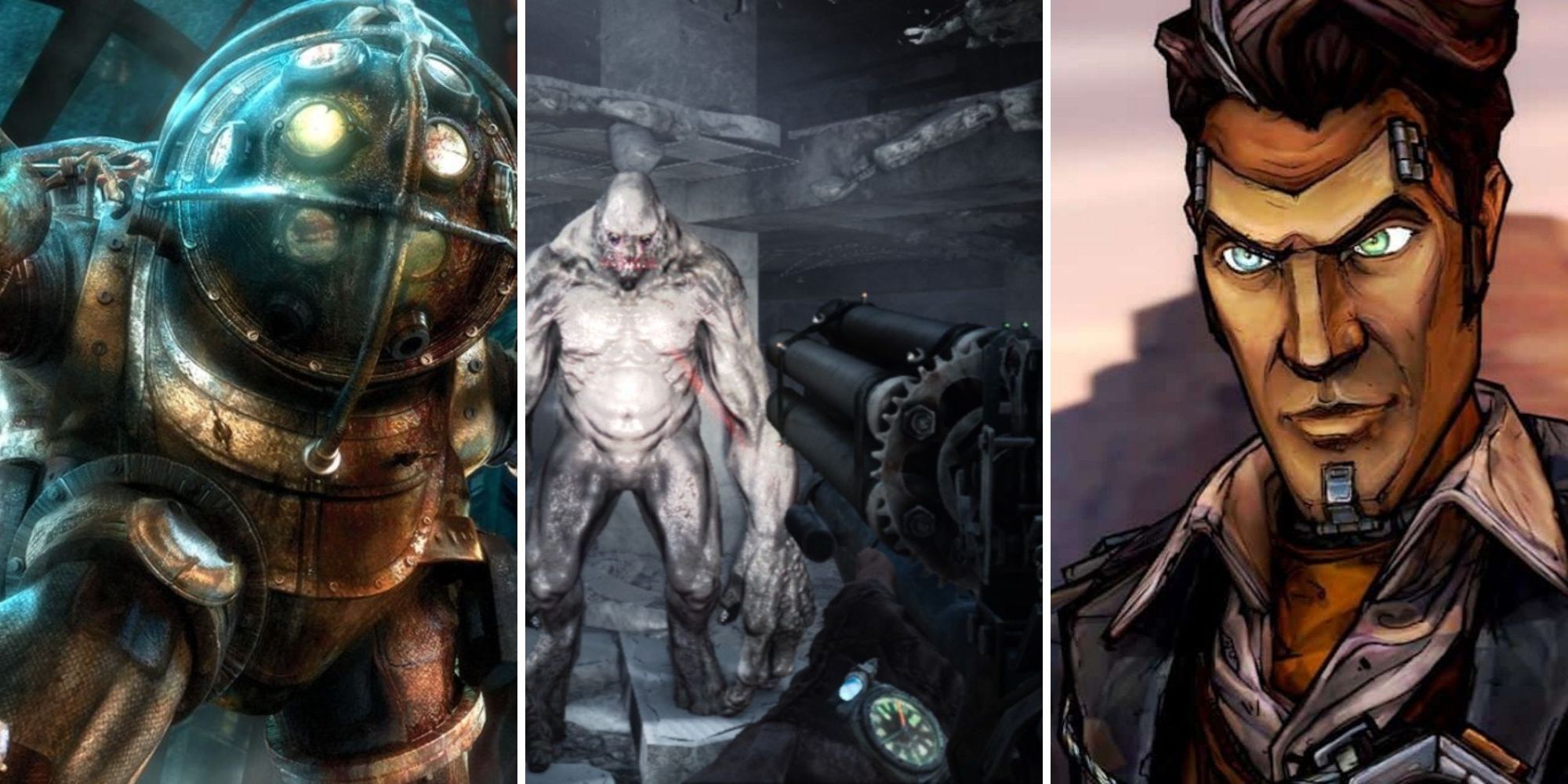 A grid showing the first-person shooter games Bioshock, Metro 2033, and Borderlands 2
