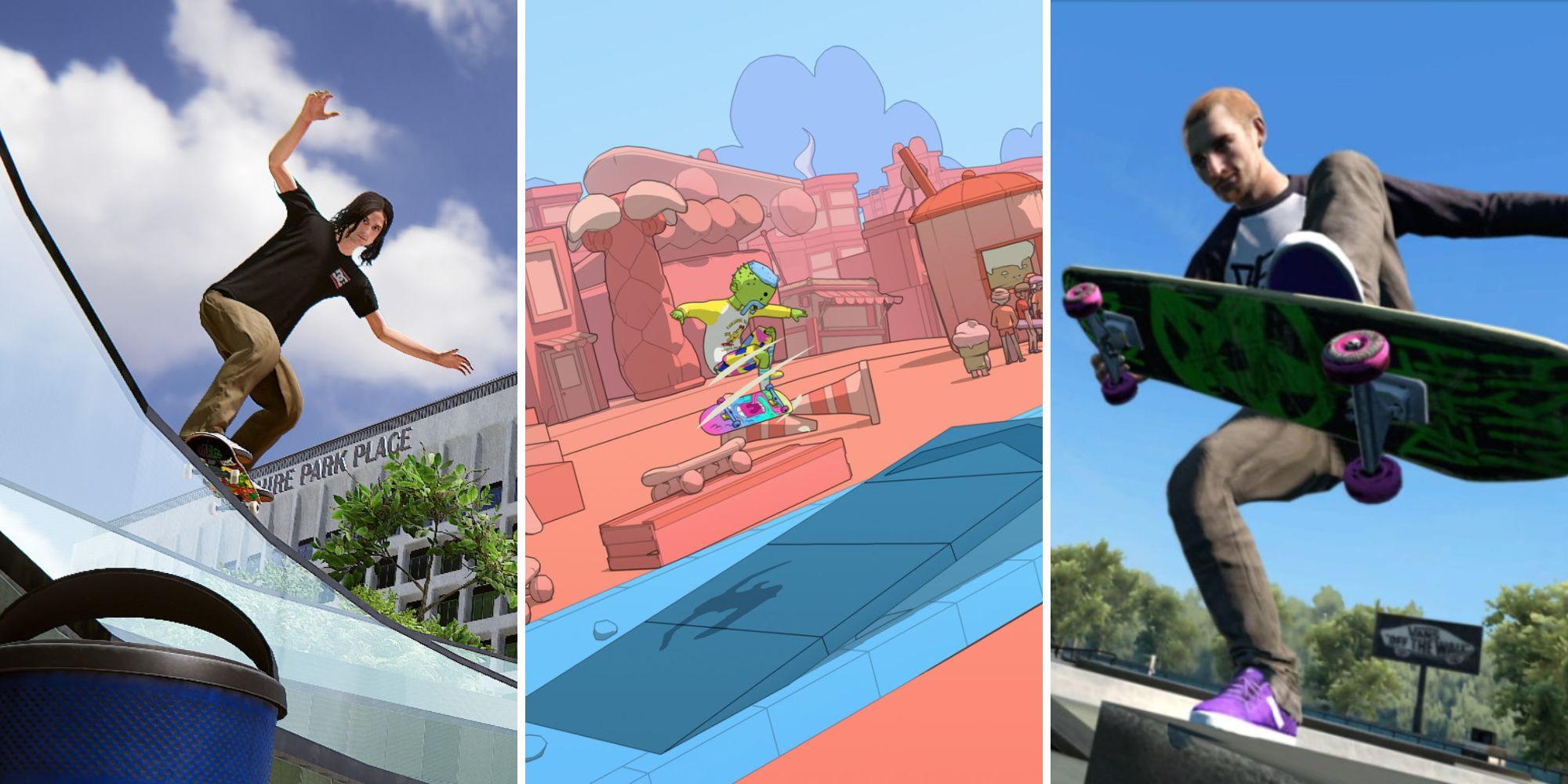A grid showing the three skateboarding games Skater XL, OlliOlli World, and Skate 3