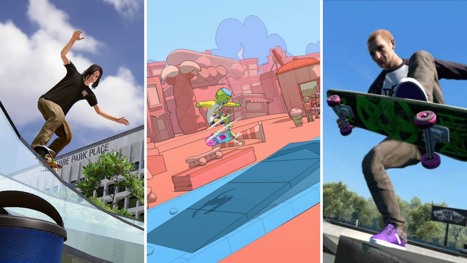 A grid showing the three skateboarding games Skater XL, OlliOlli World, and Skate 3