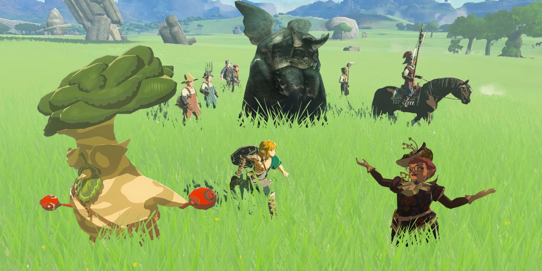Hestu, a bargainer Statue, and Cece accompany Link in Hyrule Field to remind everyone of 8 Side Quests That Shouldn’t Be Skipped In Zelda: Tears of the Kingdom