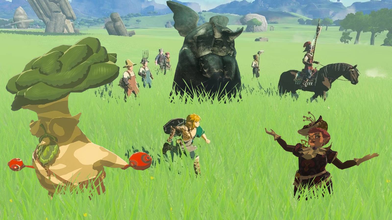 Hestu, a bargainer Statue, and Cece accompany Link in Hyrule Field to remind everyone of 8 Side Quests That Shouldn’t Be Skipped In Zelda: Tears of the Kingdom