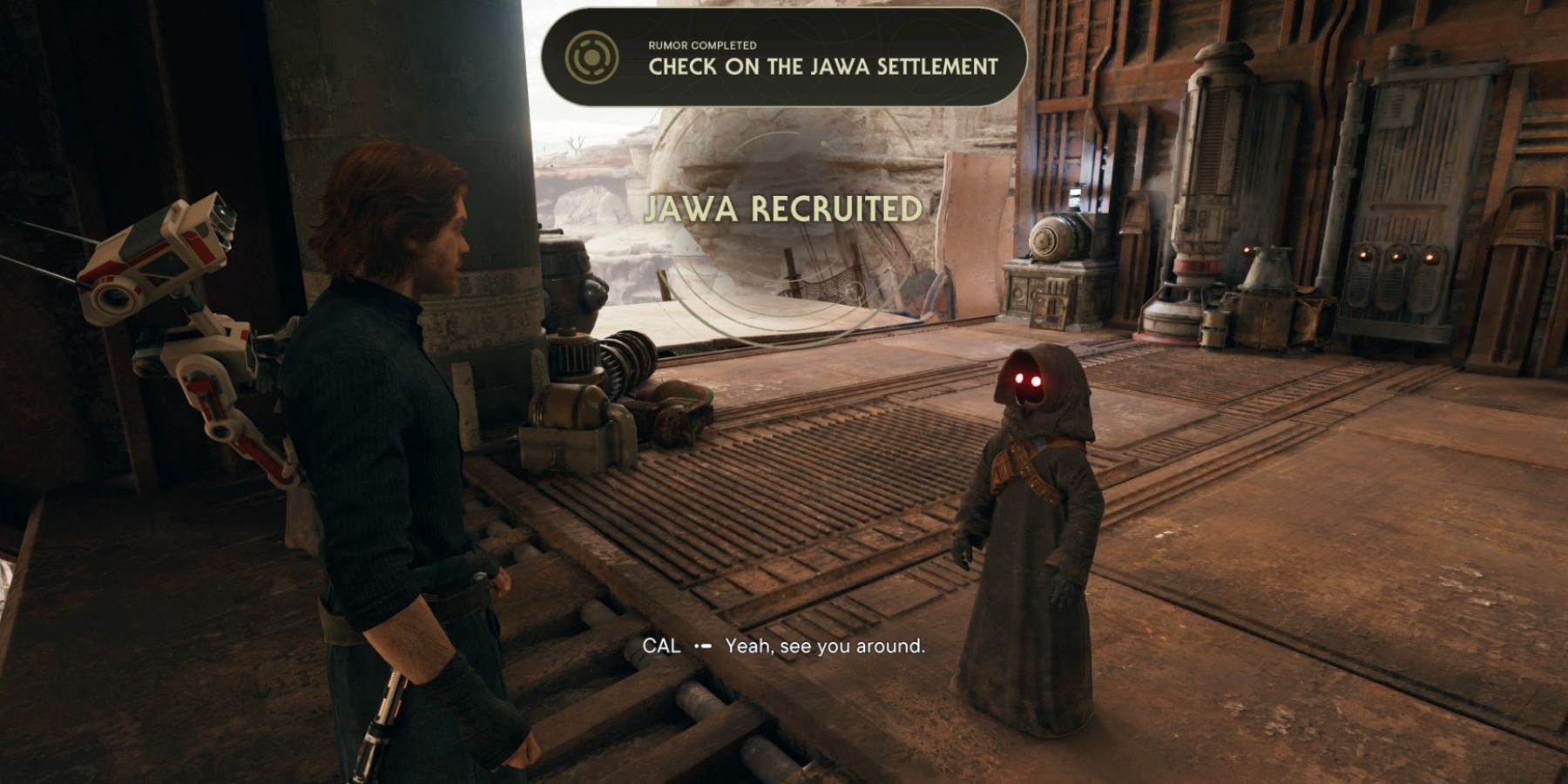Cal speaks to a Jawa in Star Wars Jedi: Survivor
