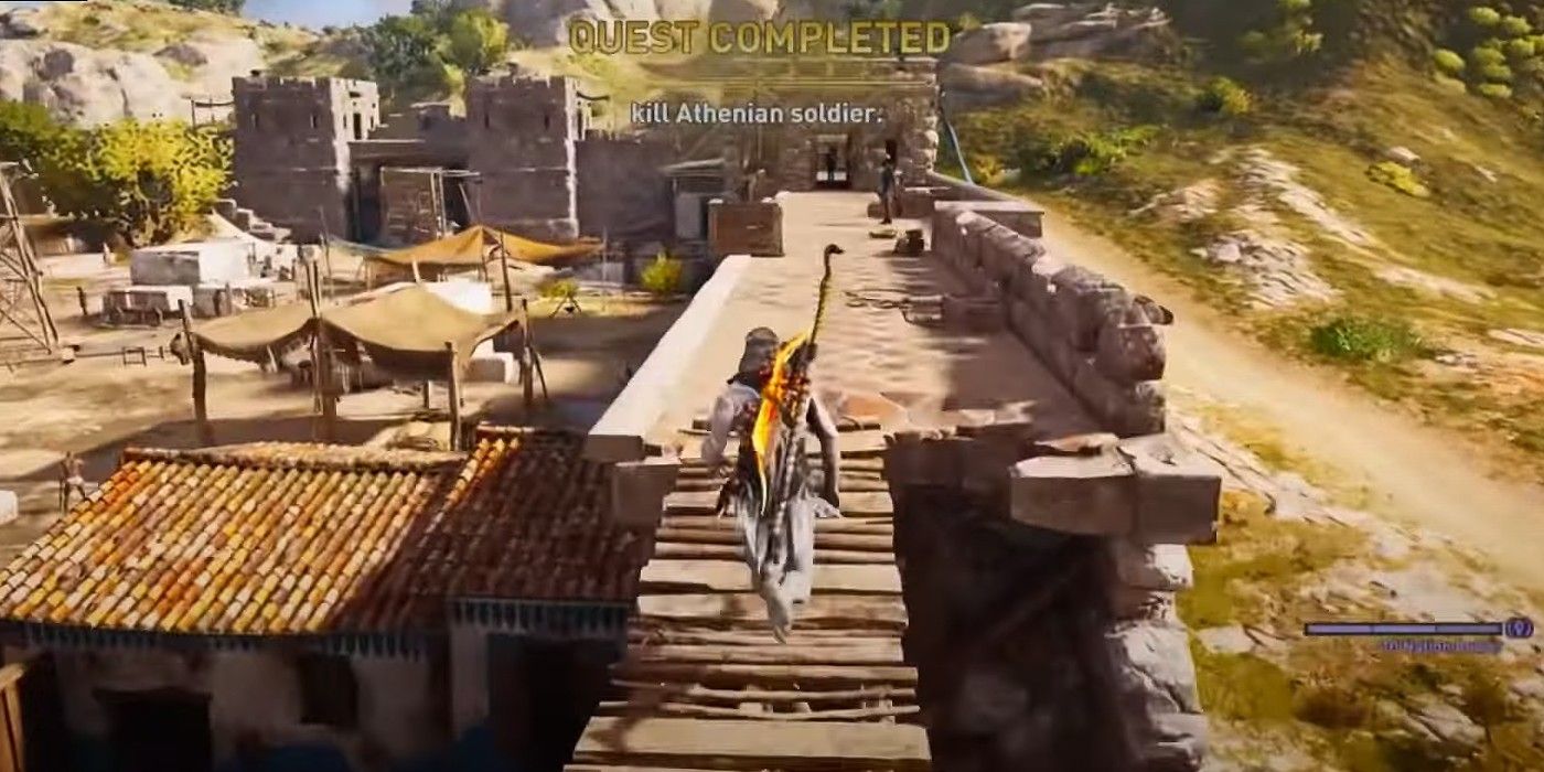 AC Odyssey running across wall towards Athenian soldier