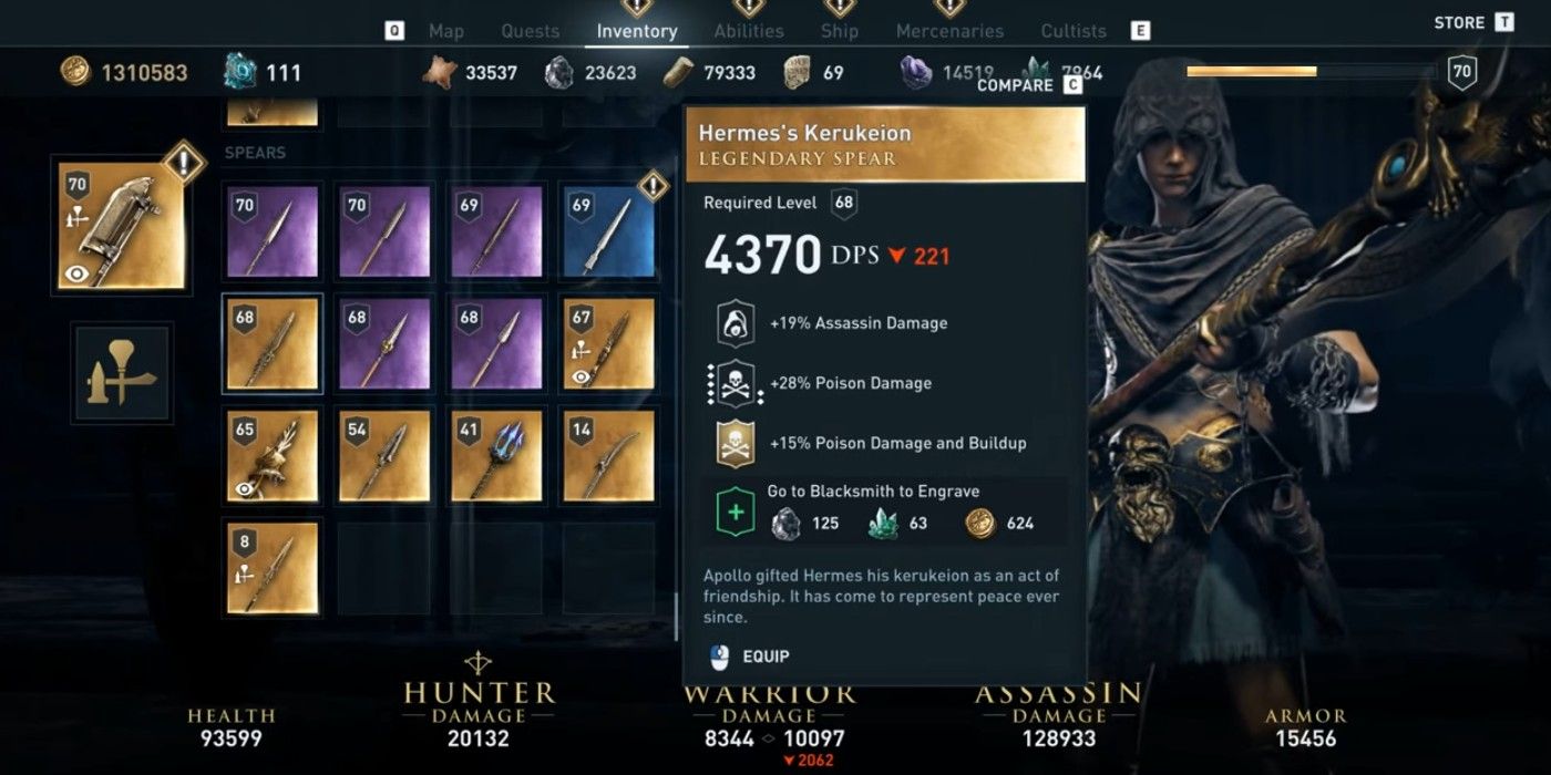 AC Odyssey Hermes Kerukeion spear inventory screen