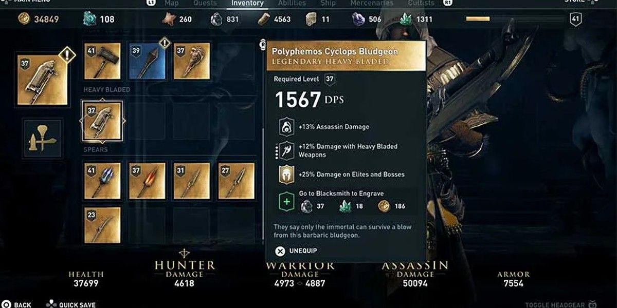 AC Odyssey Polyphemos Cyclops Bludgeon inventory screen