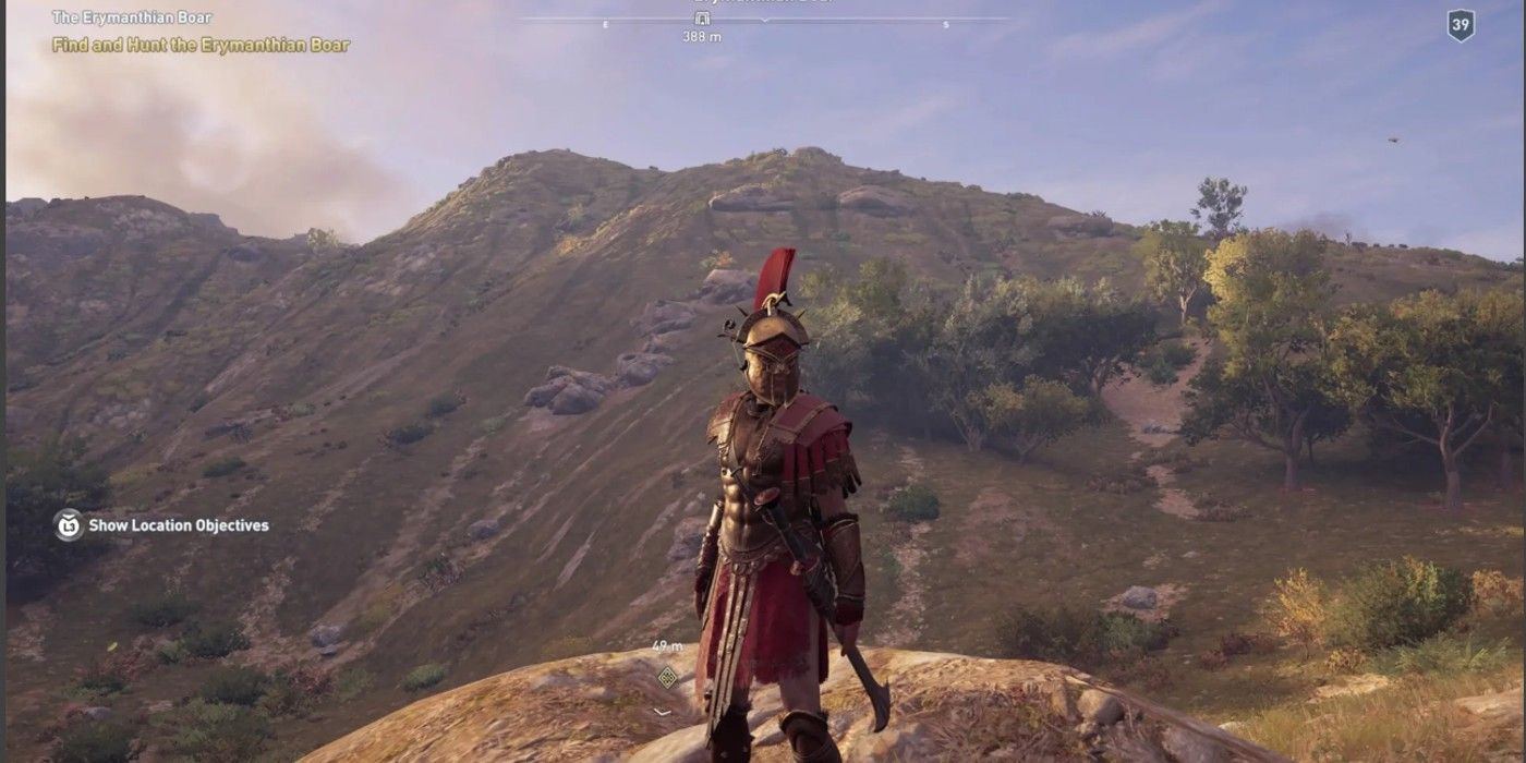 AC Odyssey Spartan Hero armor set wearing on mountain during sunset