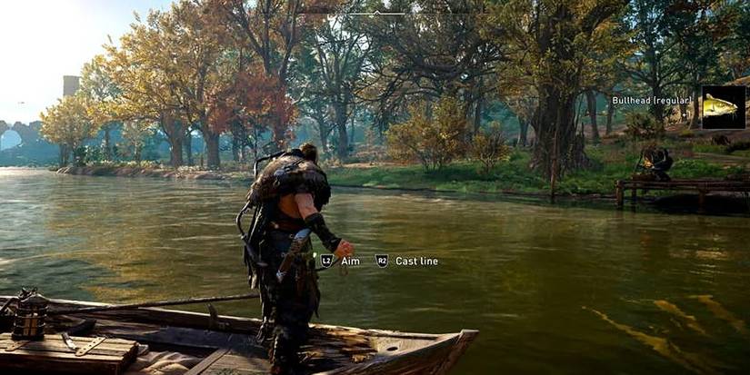 AC Valhalla Eivor fishing on river boat