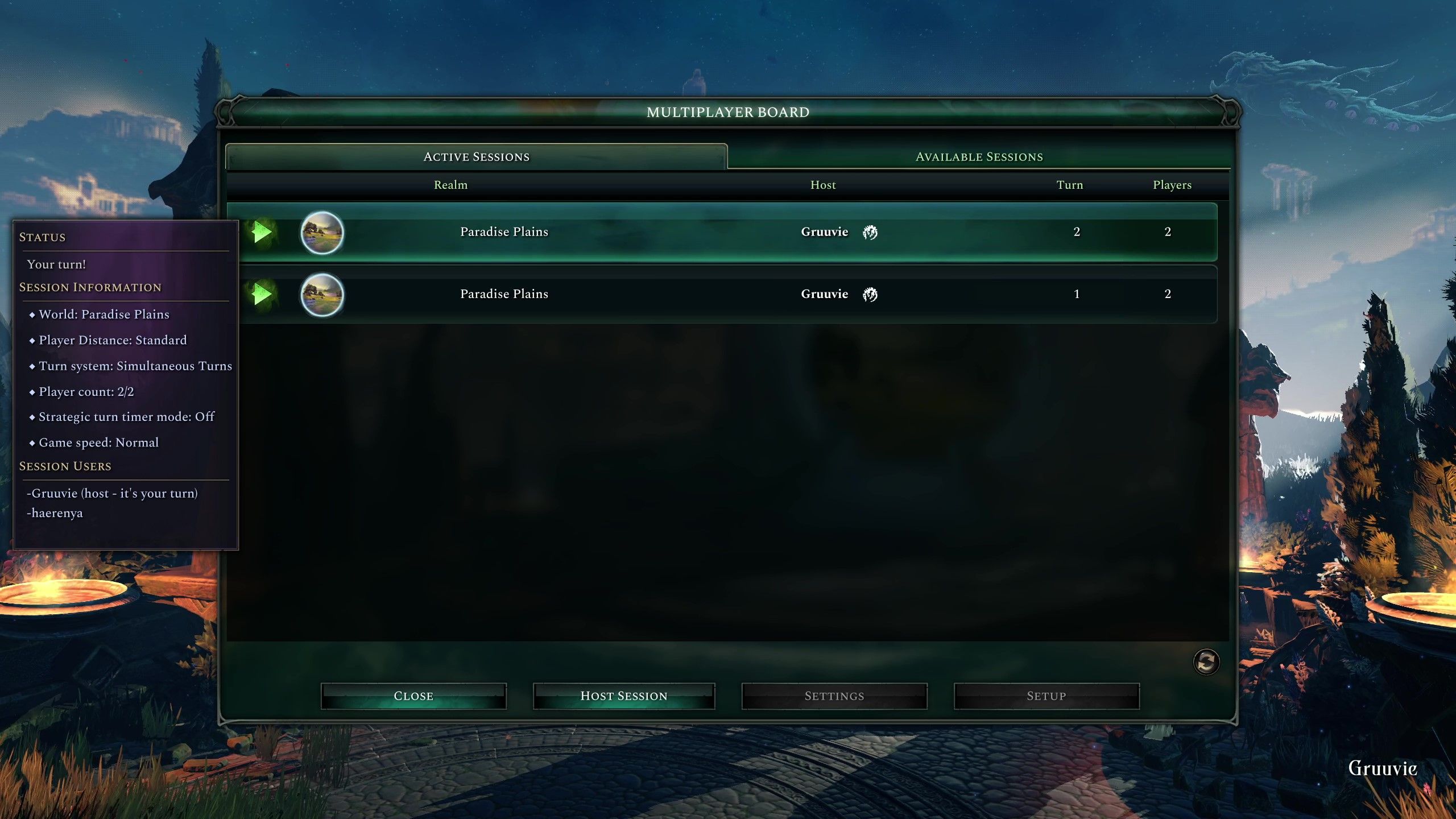 Session window showing that it is the players turn in two games