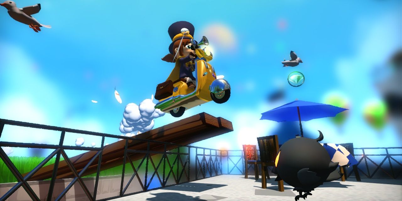 Hat Kid driving a scooter over a plank above an enemy in A Hat In Time
