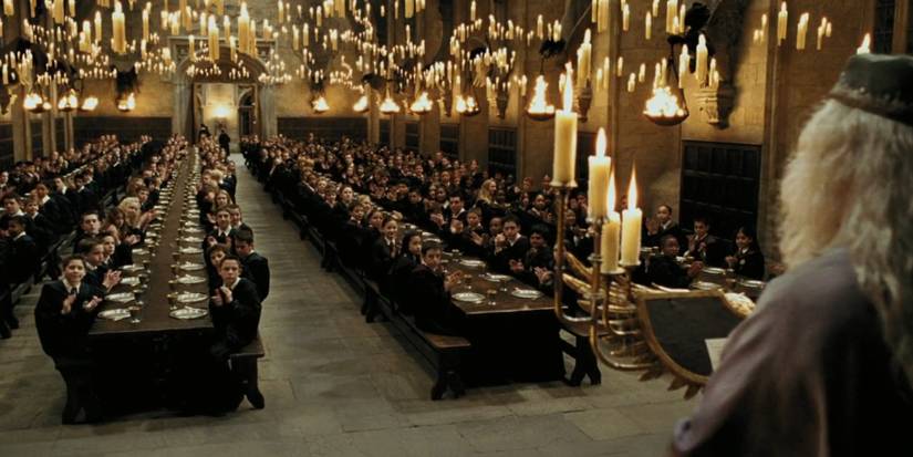 Albus Dumbledore addresses the students in the Great Hall in Harry Potter and the Prisoner of Azkaban.