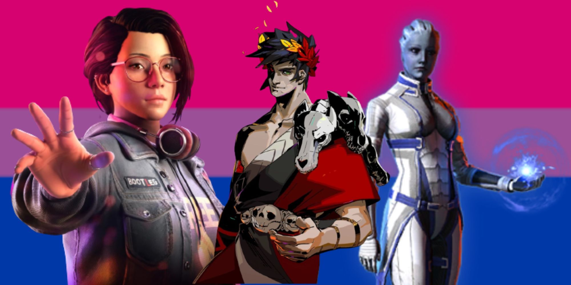 alex chen from life is strange true colors zagreus from hades and liara t'soni from mass effect on a bisexual flag