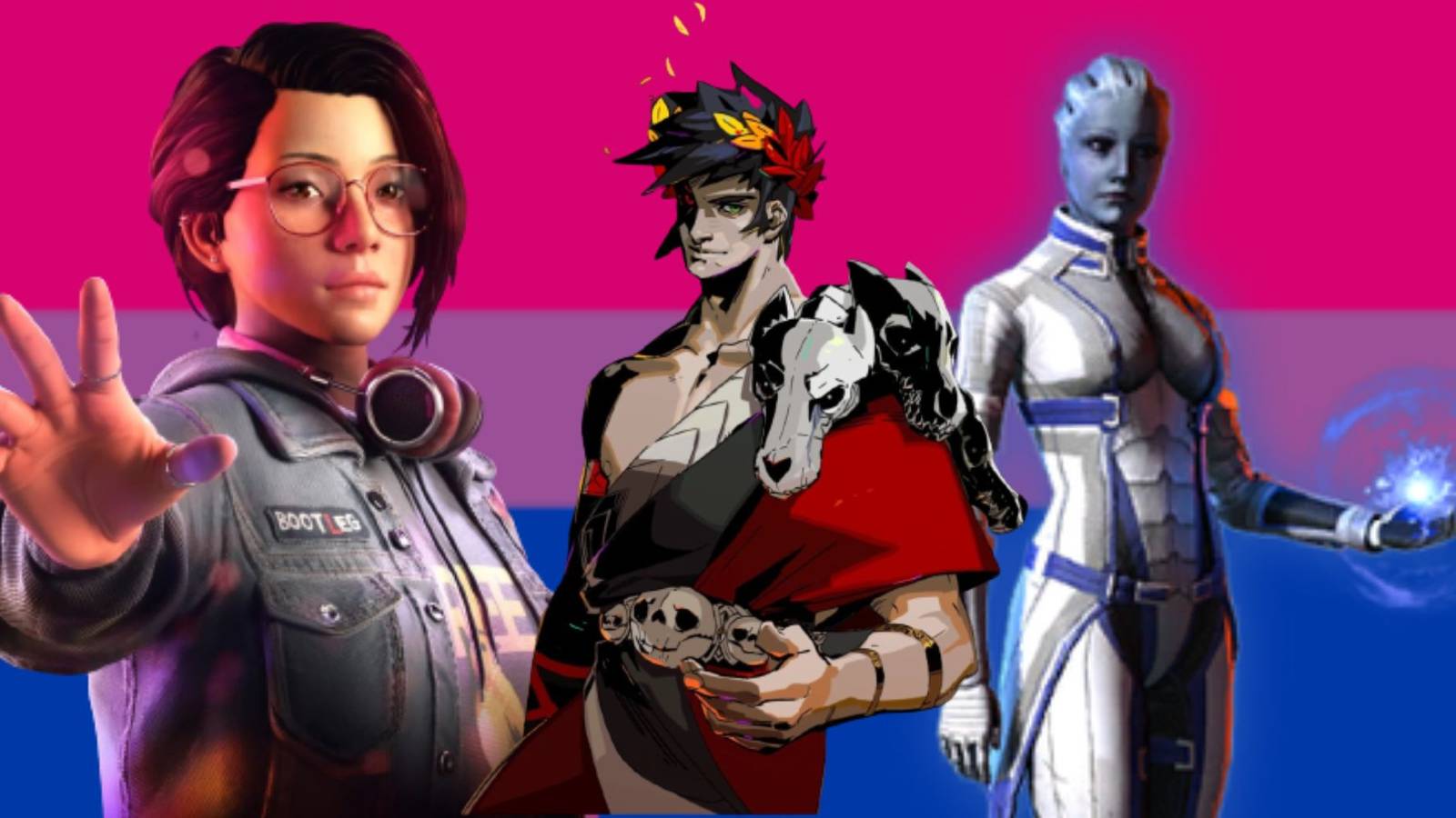 alex chen from life is strange true colors zagreus from hades and liara t'soni from mass effect on a bisexual flag