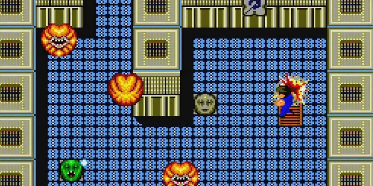Alien Syndrome Master System top down view of sci-fi room with monsters and explosions