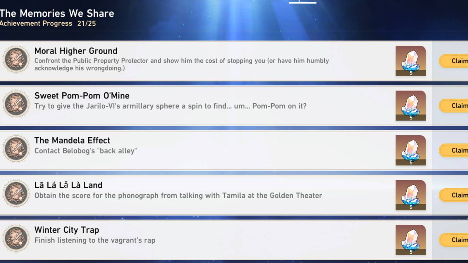 all hidden achievements in honkai star rail