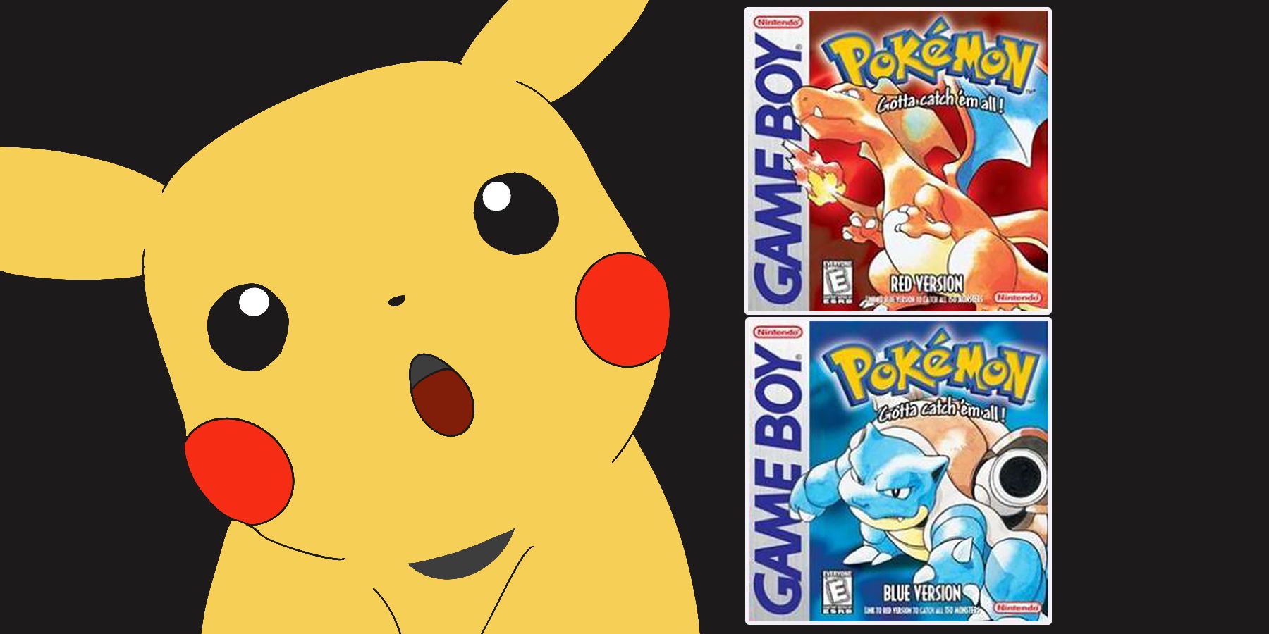 Amazed Pikachu looking at Pokemon Red and Blue Game Boy covers
