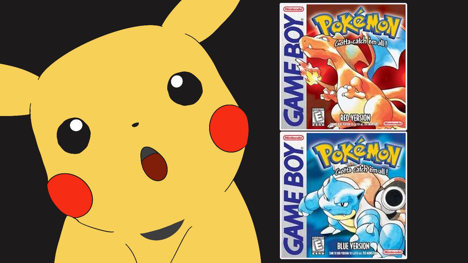 Amazed Pikachu looking at Pokemon Red and Blue Game Boy covers