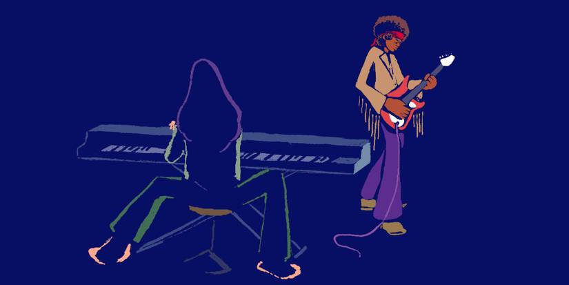 Gabriel playing guitar as his friend plays piano in A Musical Story