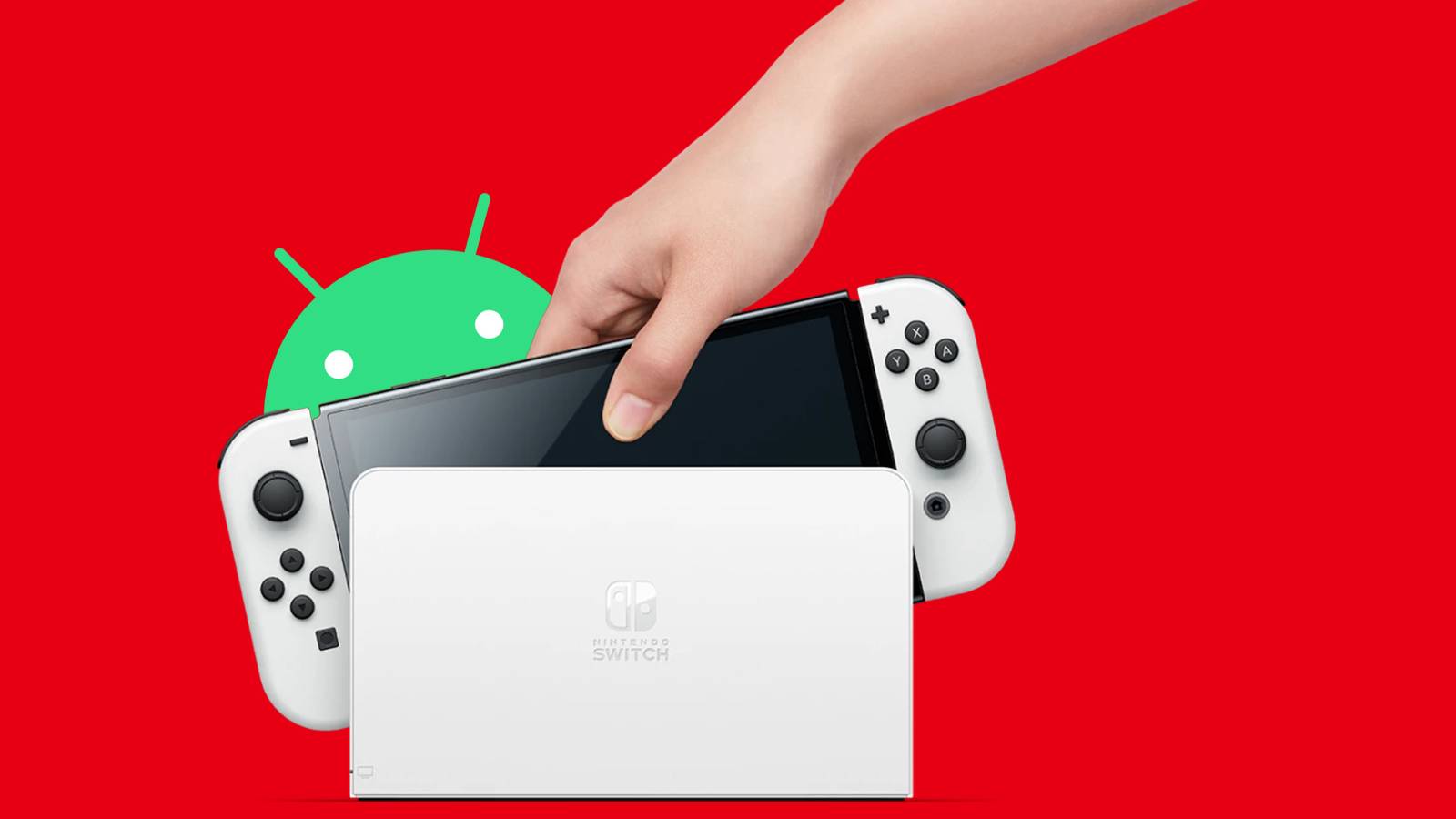 Android bugdroid looking at hand placing Nintendo Switch OLED model in dock