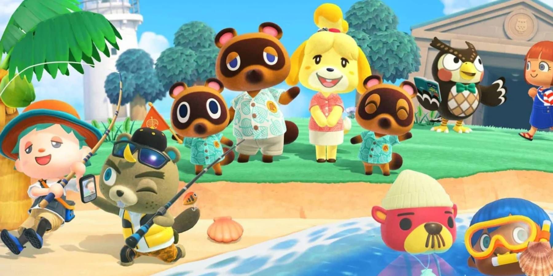 Several Animal Crossing characters spending time by the shore