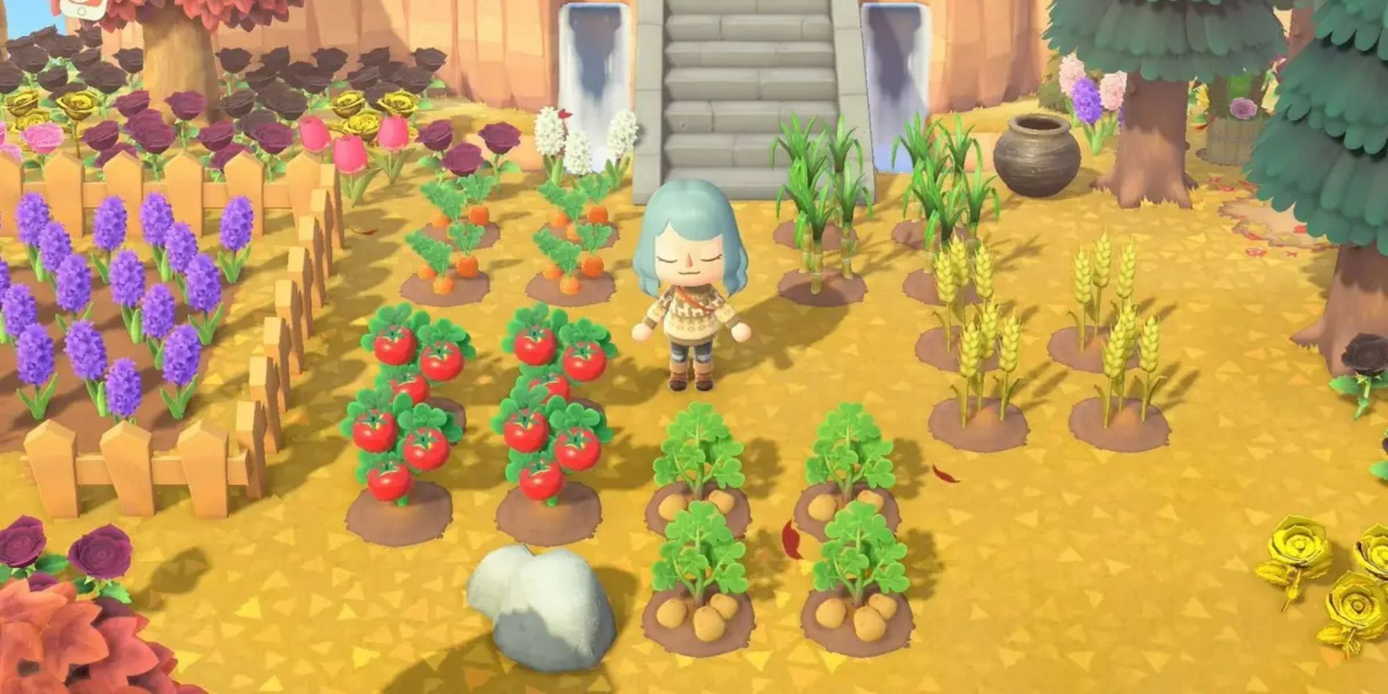 Gameplay from Animal Crossing showing the character standing in a field surrounded by fruit trees and various plants