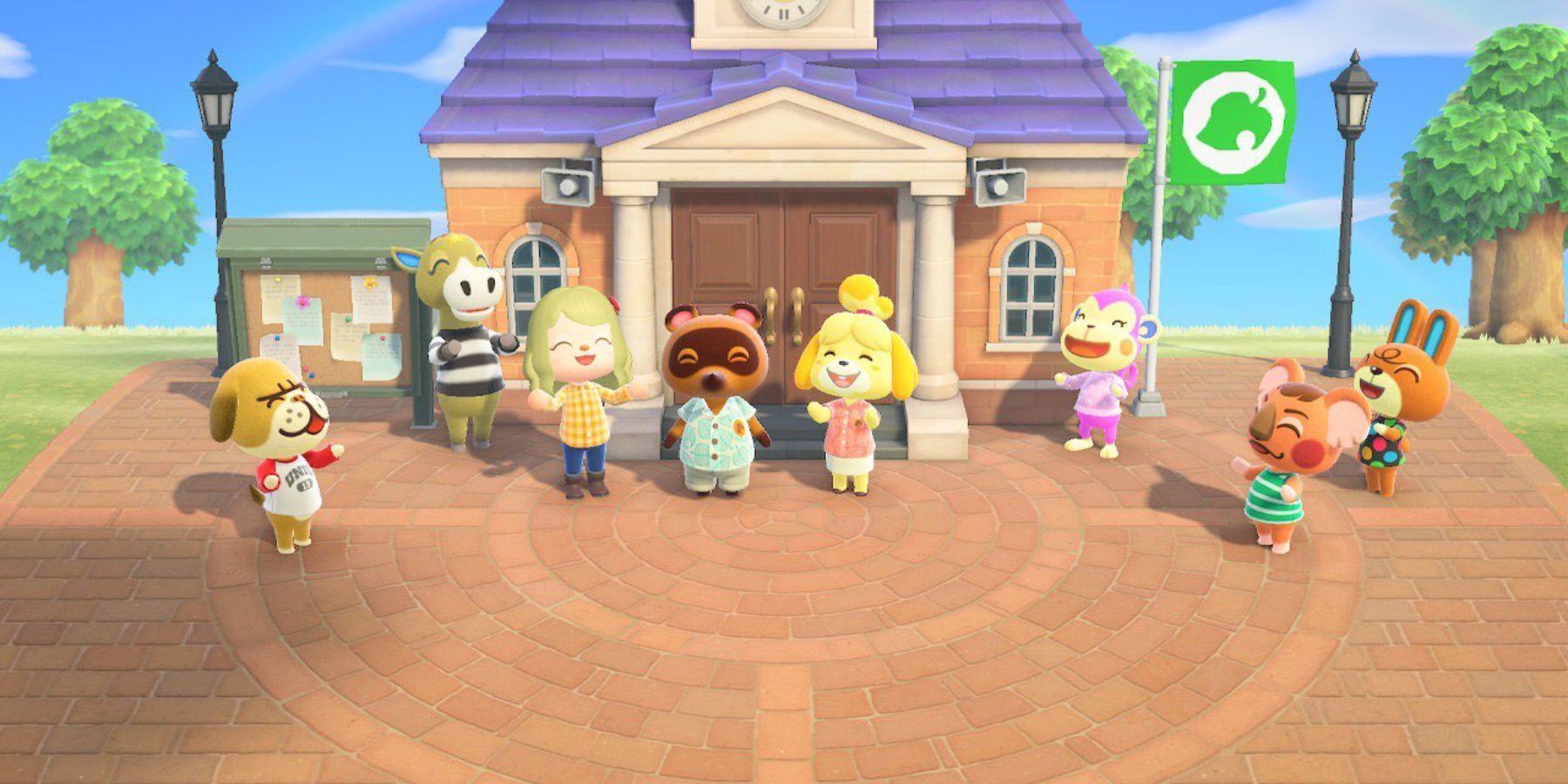 Tom Nook, the player, and other villagers in the town square