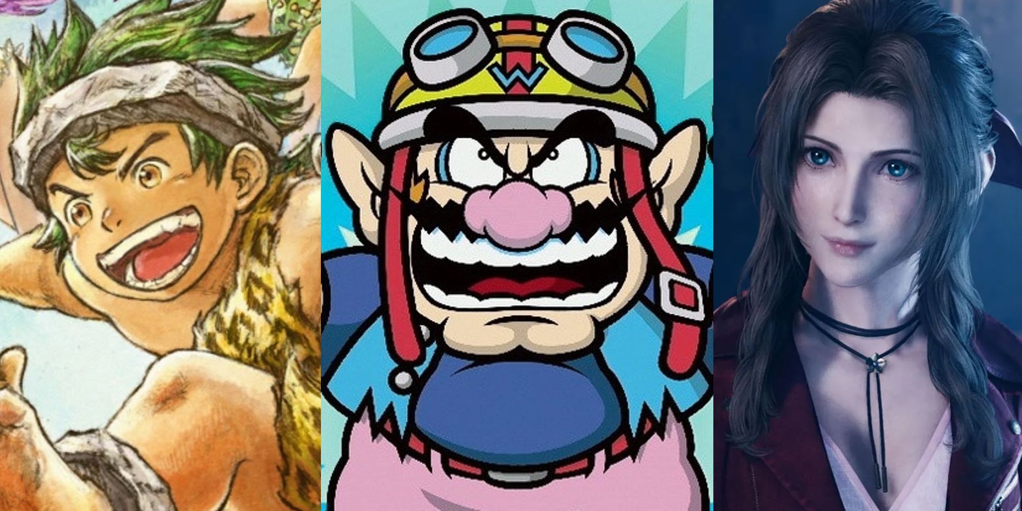 Pogo in Live A Live art; Wario in Game & Wario; Aerith in Final Fantasy 7