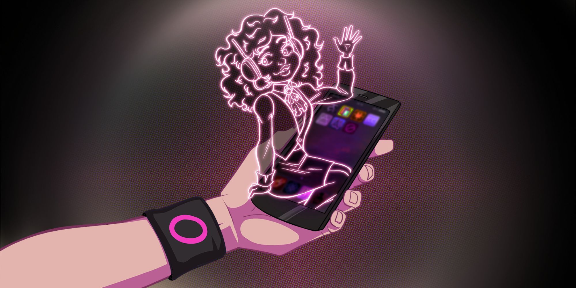 Una mujer de neón saludando mientras está sentada encima de un teléfono en Arcade Spirits