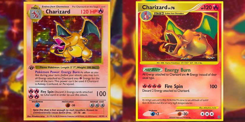 Mitsuhiro Arita's classic Charizard card side by side with a newer version