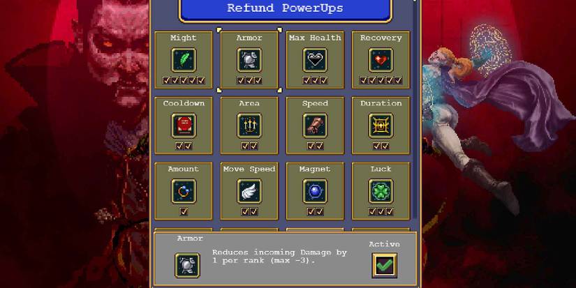 Purchasing the Armor PowerUp in Vampire Survivors