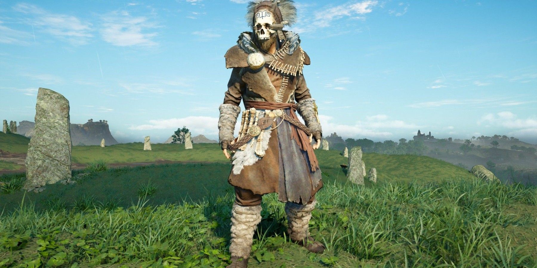 Assasisn's Creed Valhalla Druidic armor set standing in stoney field