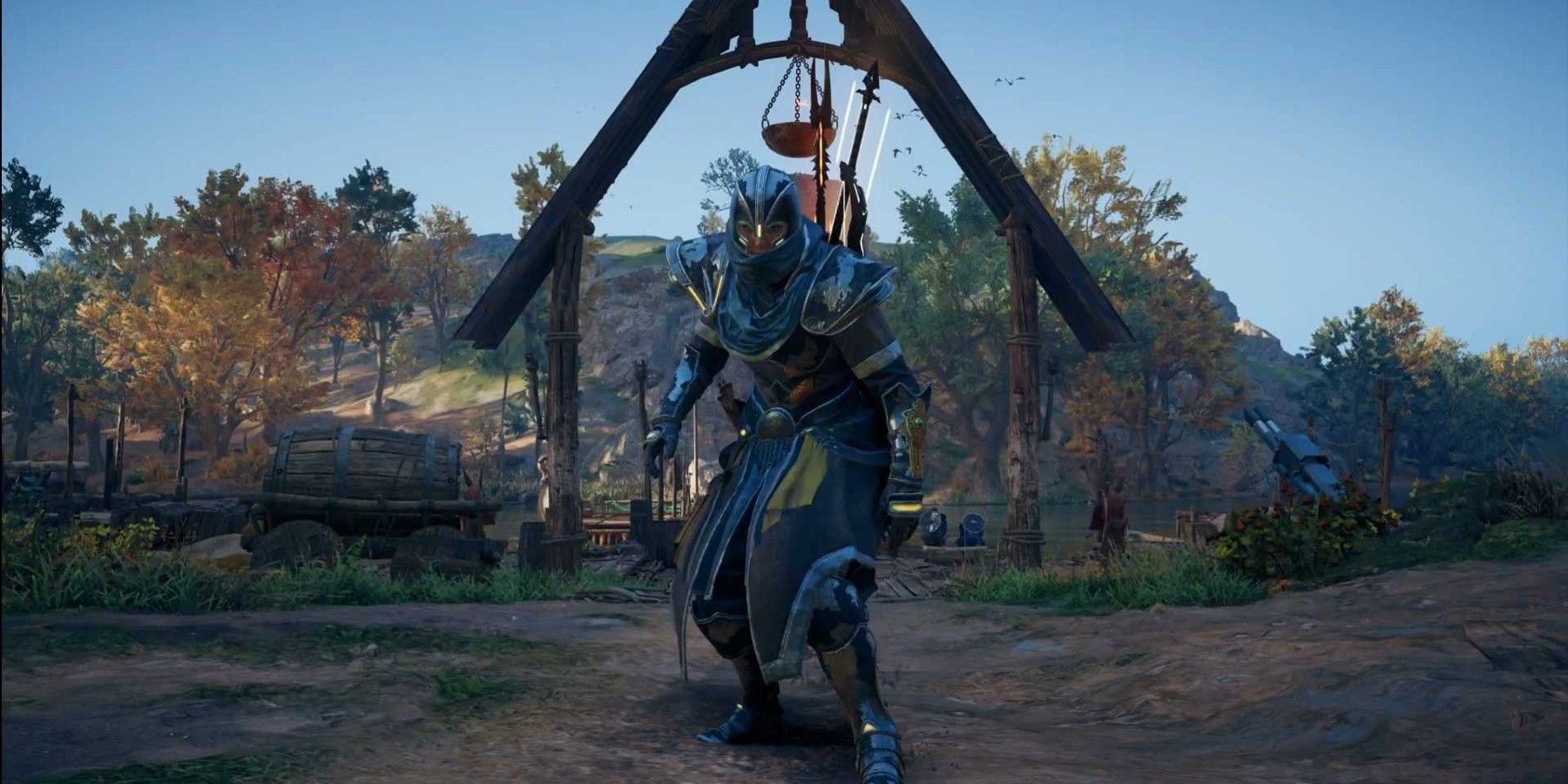 Assasisn's Creed Valhalla Fallen Heores armor set standing in field