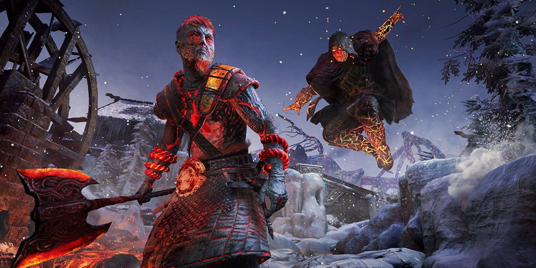 Assasisn's Creed Valhalla Fire Giant armor set Eivor jumping axe-wielding soldier