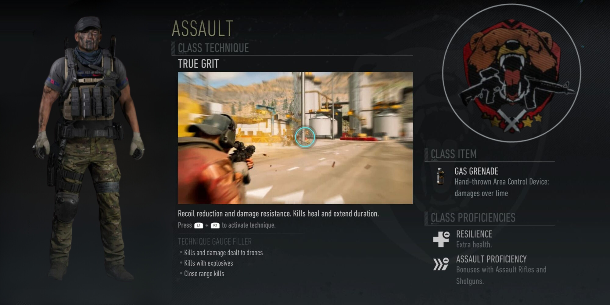 The details of the Assault Class in Ghost Recon Breakpoint, next to a soldier