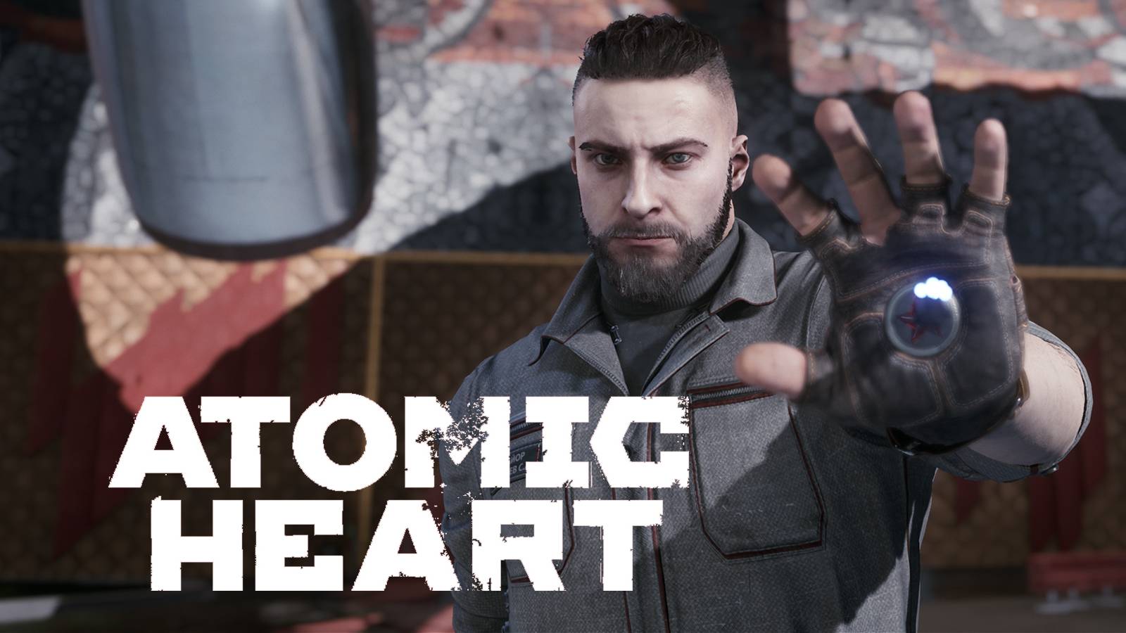 atomic heart agent p-3 holding up hand with polymer glove