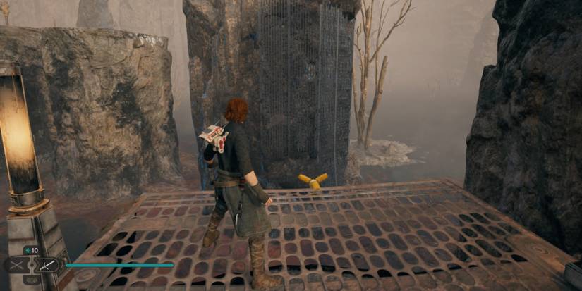 Cal faces a grate on a stone pillar in Star Wars Jedi: Survivor