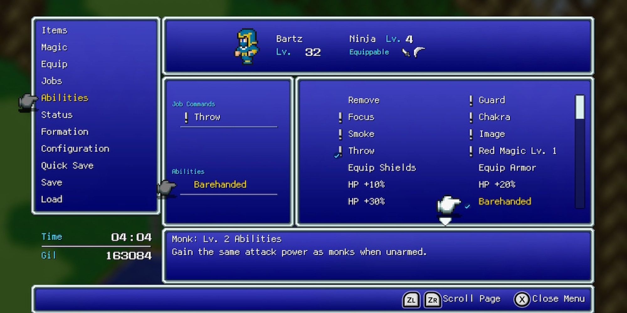 Barehanded ability in Final Fantasy 5