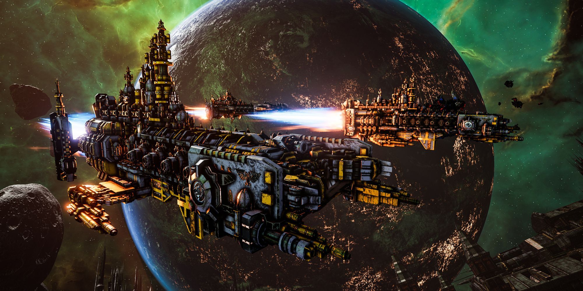 A ship flying in space with a planet behind it in Battlefleet Gothic: Armada 2