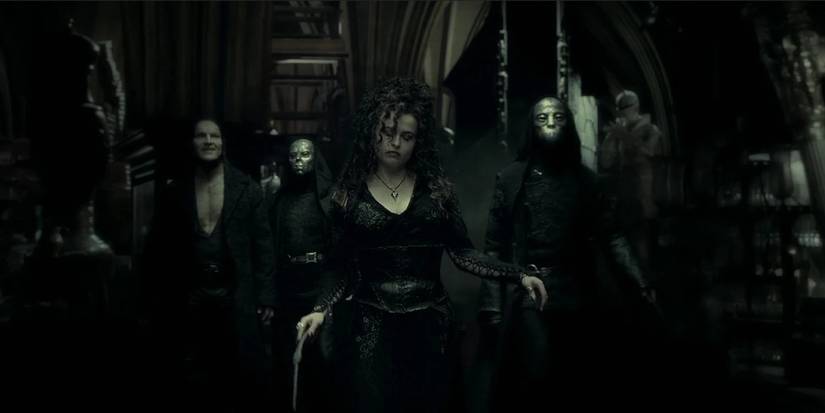 Bellatrix leading a group of Death Eaters in Harry Potter