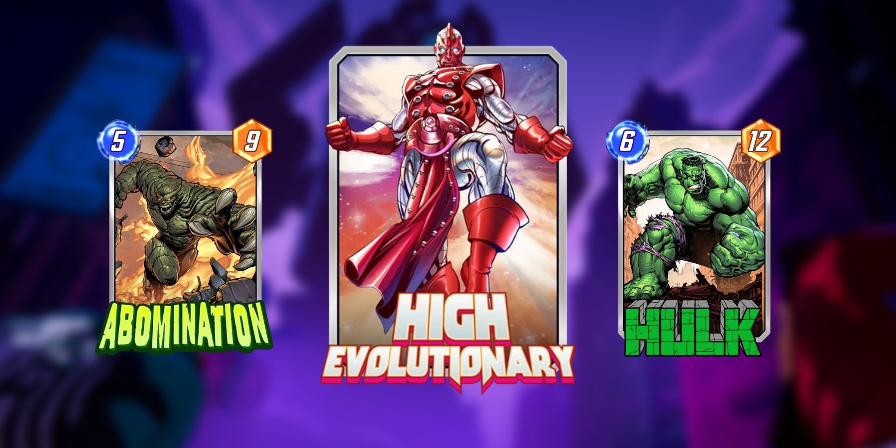 image showing high evolutionary alongside his best companion cards abomination and hulk in marvel snap.