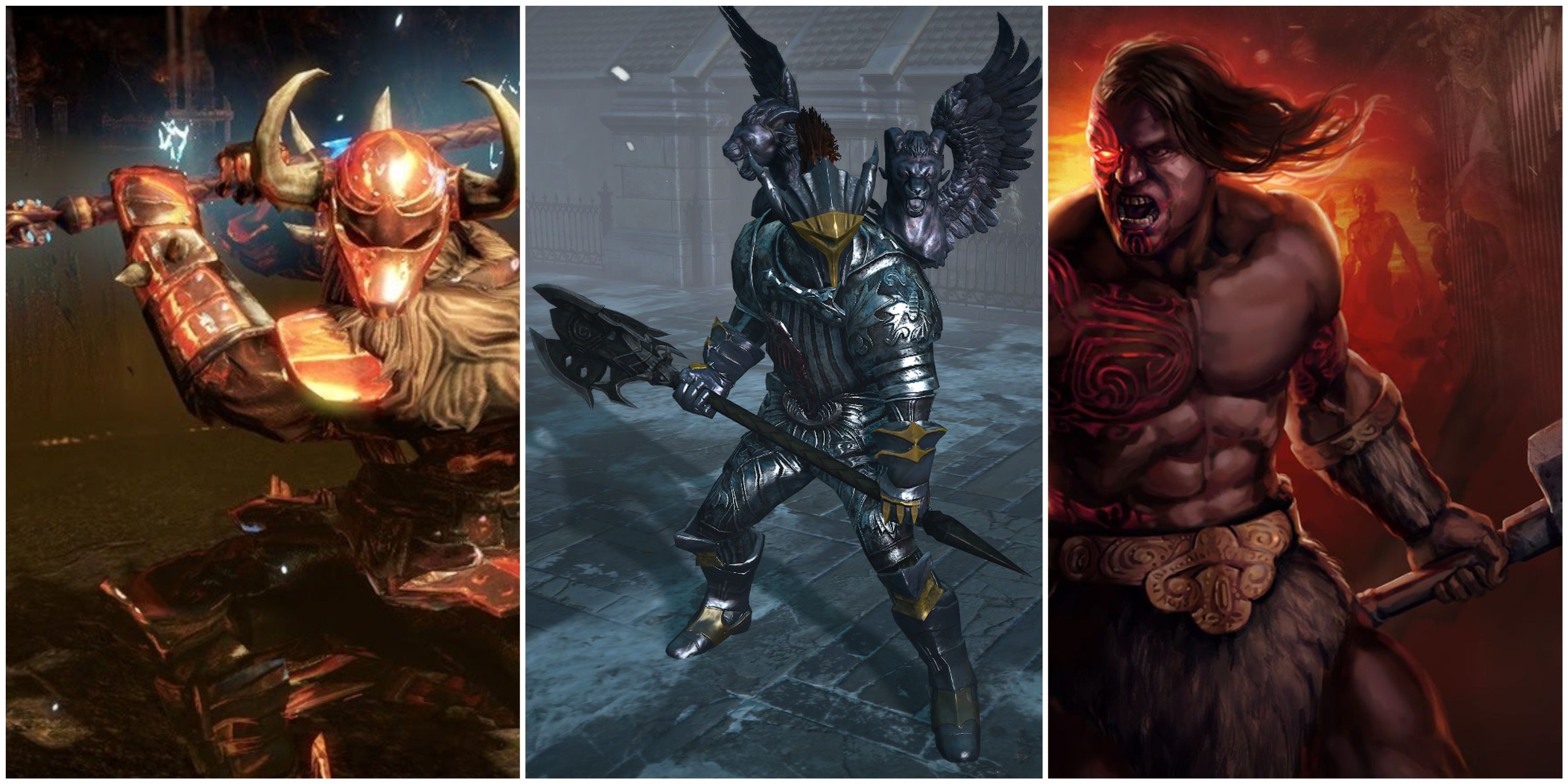 maurader class characters swinging axes, swords and hammers in path of exile