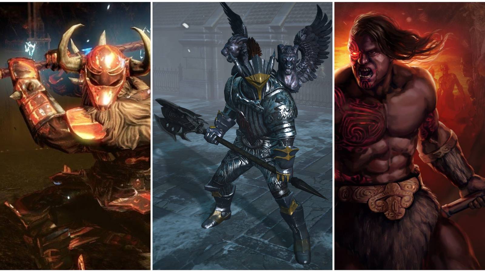 maurader class characters swinging axes, swords and hammers in path of exile