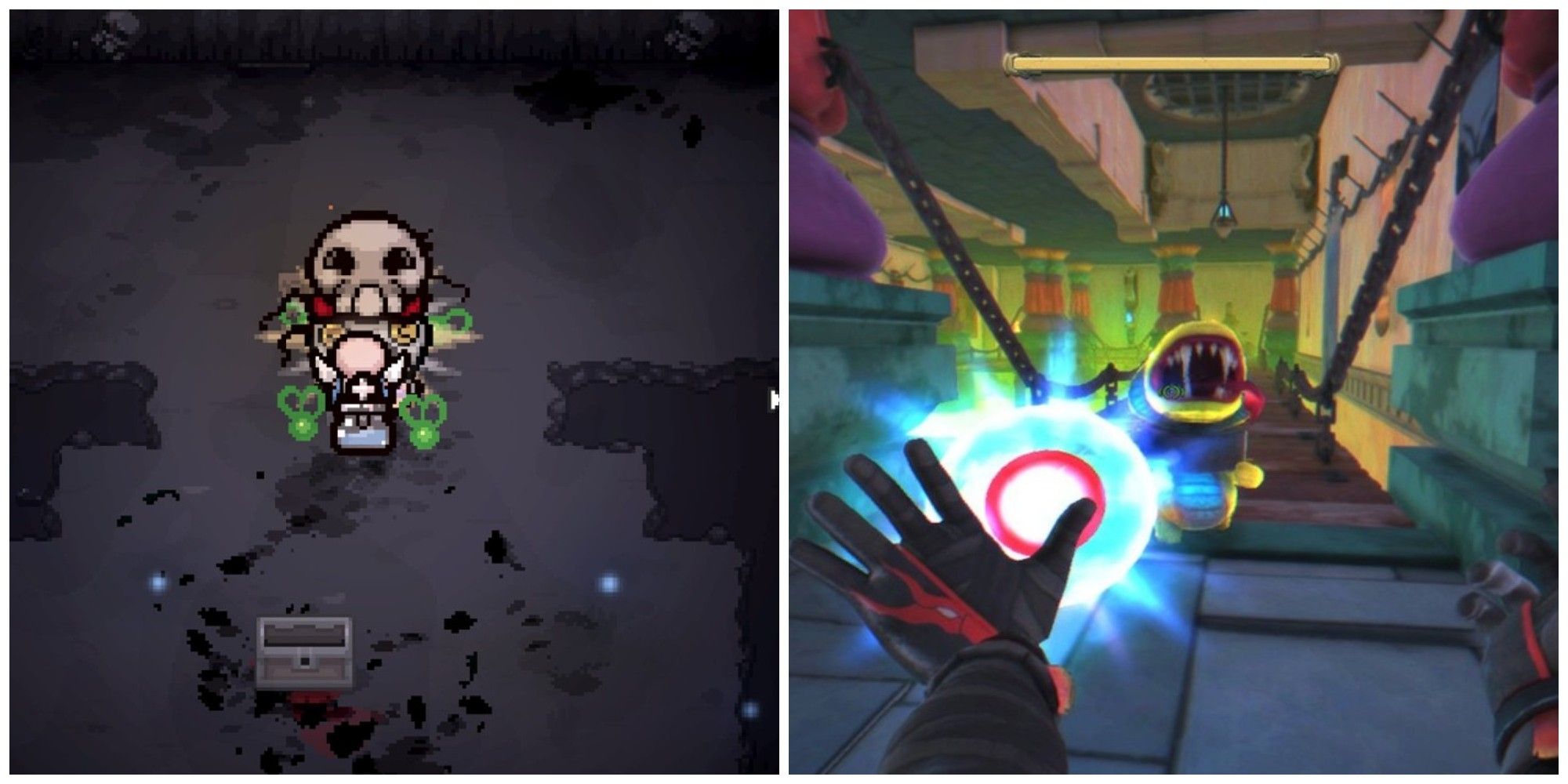 split image of Binding of Isaac grave and Immortal Redneck shooting orb