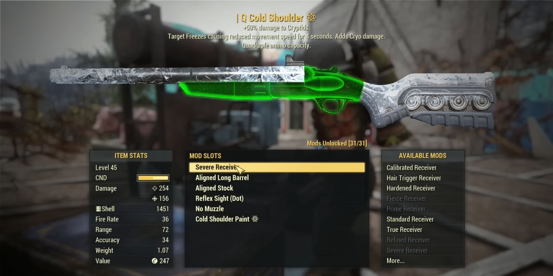 image showing the best mods for the cold shoulder shotgun in fallout 76.