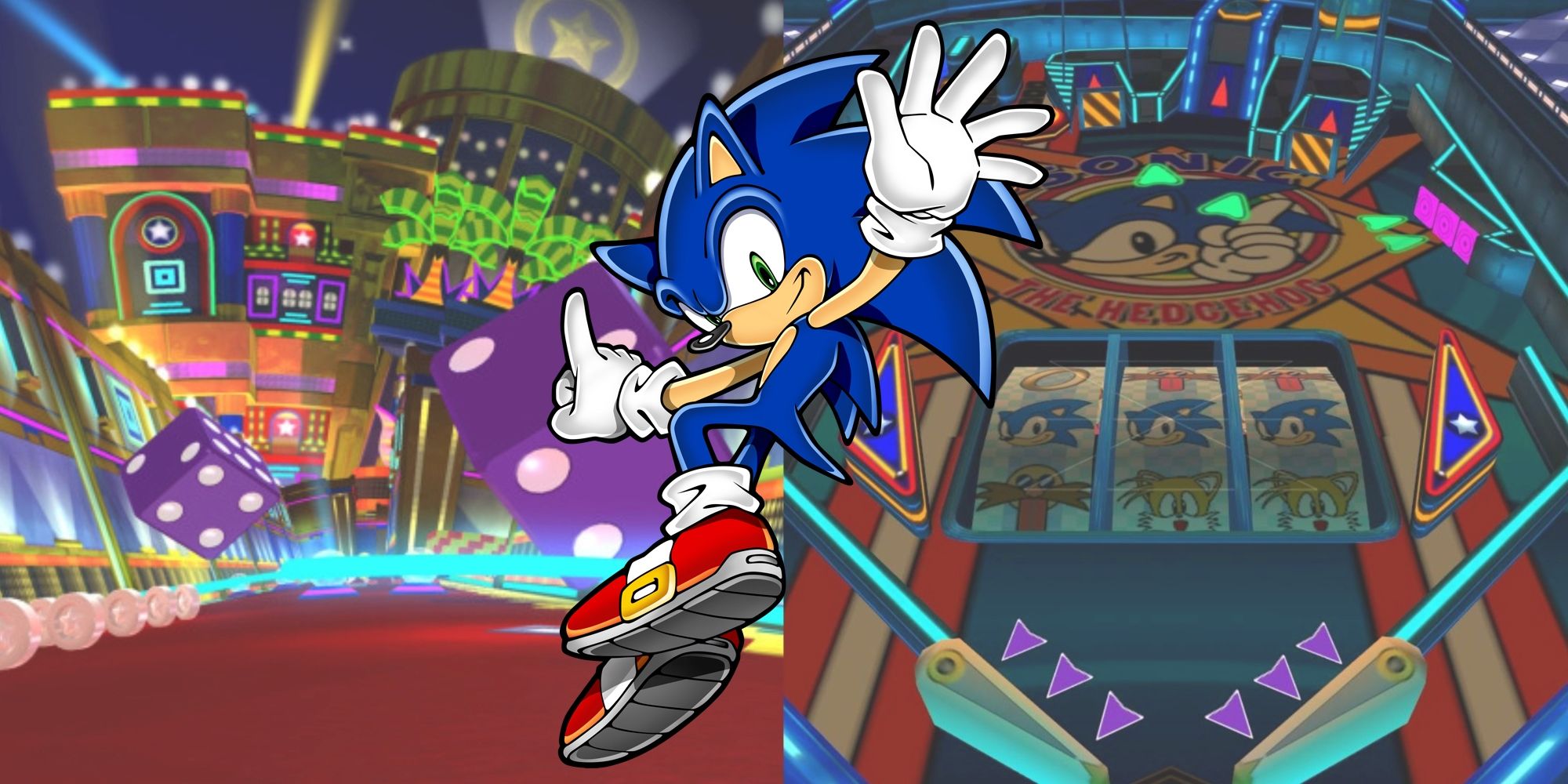 Sonic posing in front of scenes from Frozen Factory Act 3 and Casinopolis
