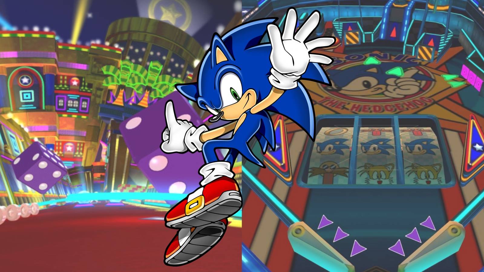 Sonic posing in front of scenes from Frozen Factory Act 3 and Casinopolis