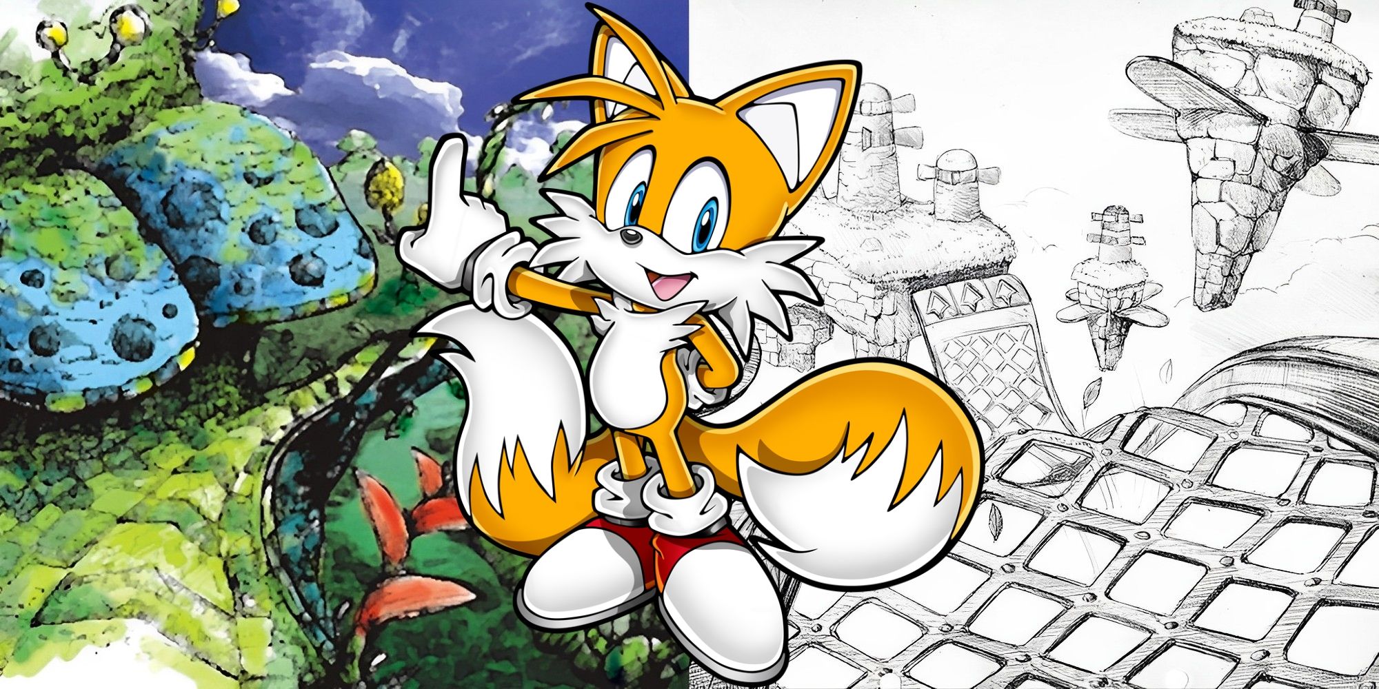 Tails pointing to concept art of the levels Frog Forest and Windy Valley 