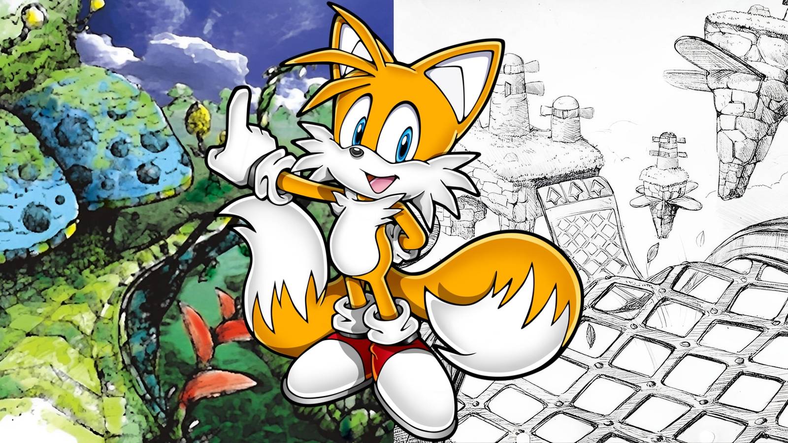 Tails pointing to concept art of the levels Frog Forest and Windy Valley 